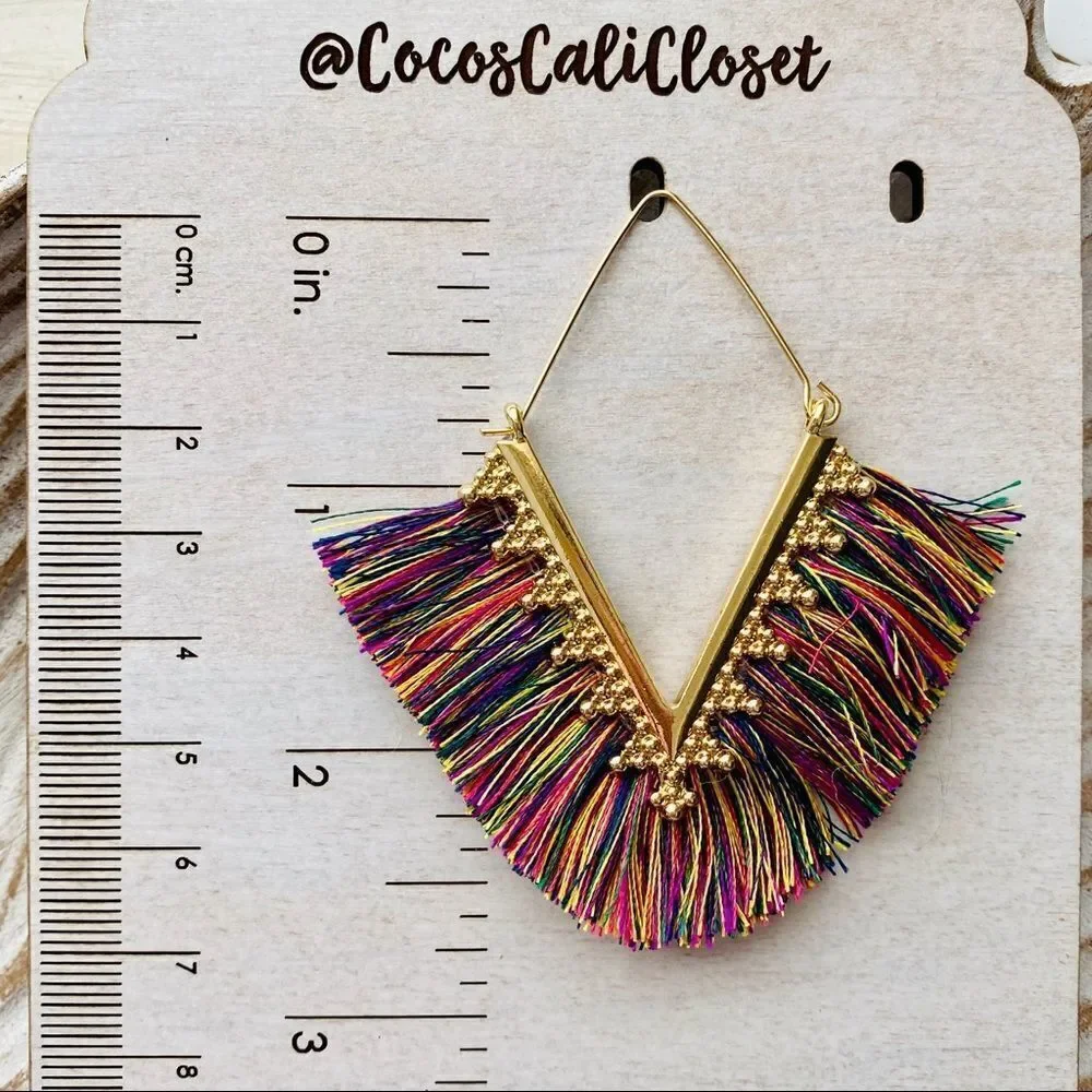 Boho Multi Color Fringe Filigree Drop Earrings NWT